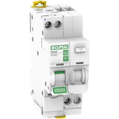 Picture of Residual Current Breaker with Overcurrent Protection (RCBO), MAX9, 1PN, 16A, 30mA, C Curve, 6000A, A Type, 2 MOD