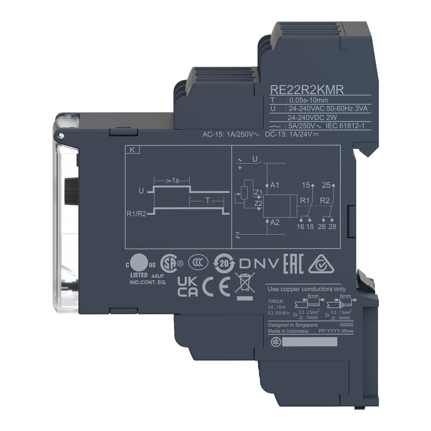 Picture of single function relay, Harmony Timer Relays, 5A, 2CO, 0.05sâ€¦10min, delay on de energization, 24...240V AC DC