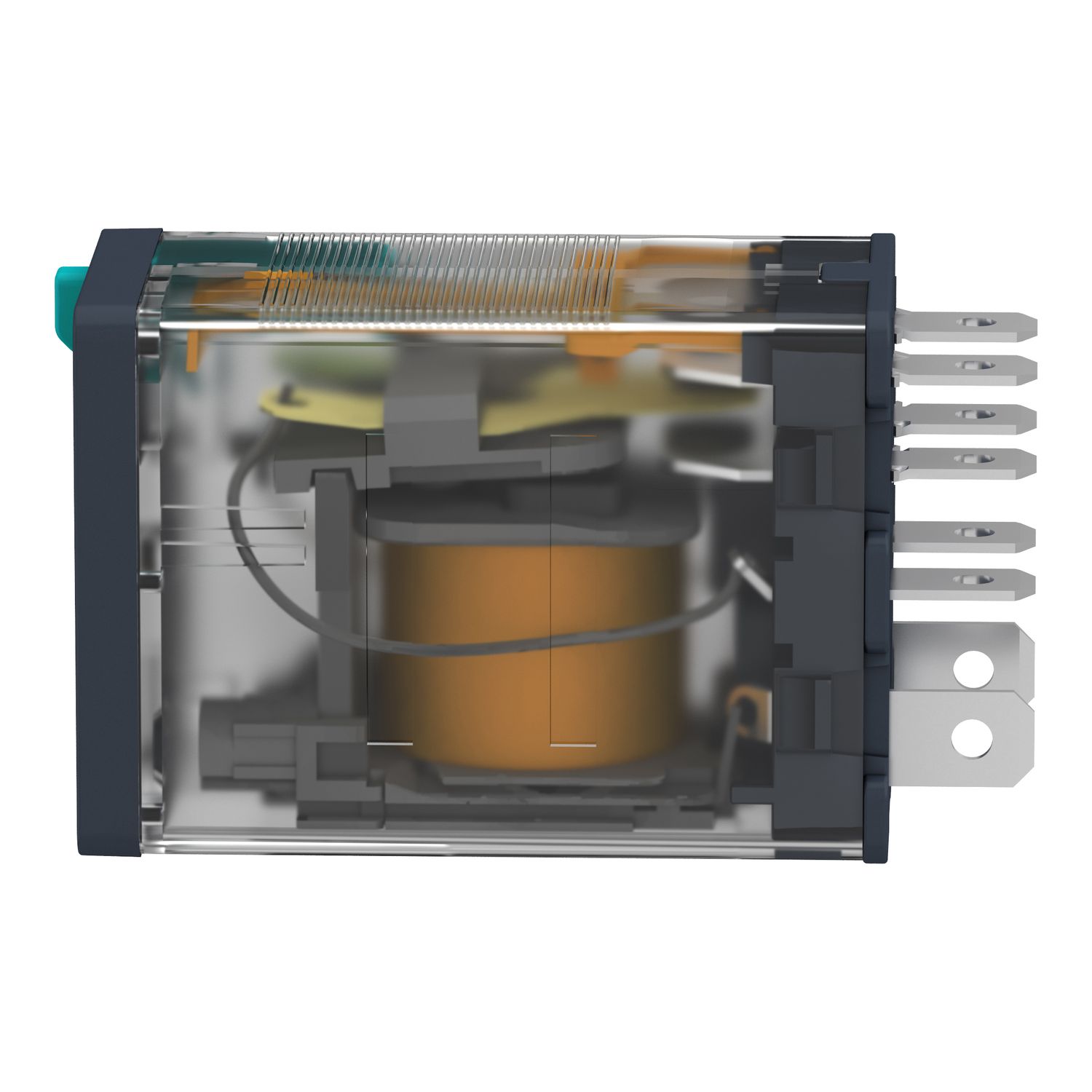 Picture of plug-in relay, Harmony electromechanical relays, 15A, 2CO, lockable test button, 24V DC