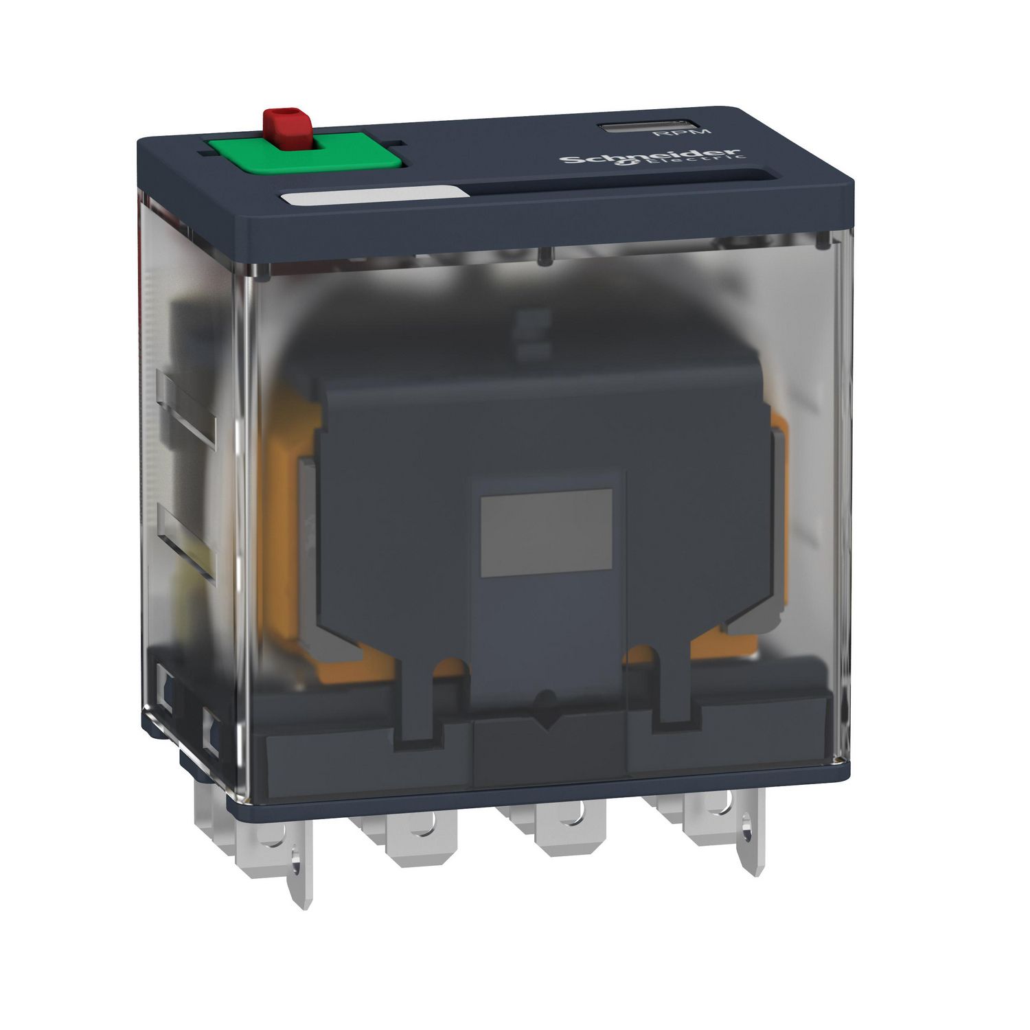 Picture of plug-in relay, Harmony electromechanical relays, 15A, 4CO, lockable test button, 120V AC