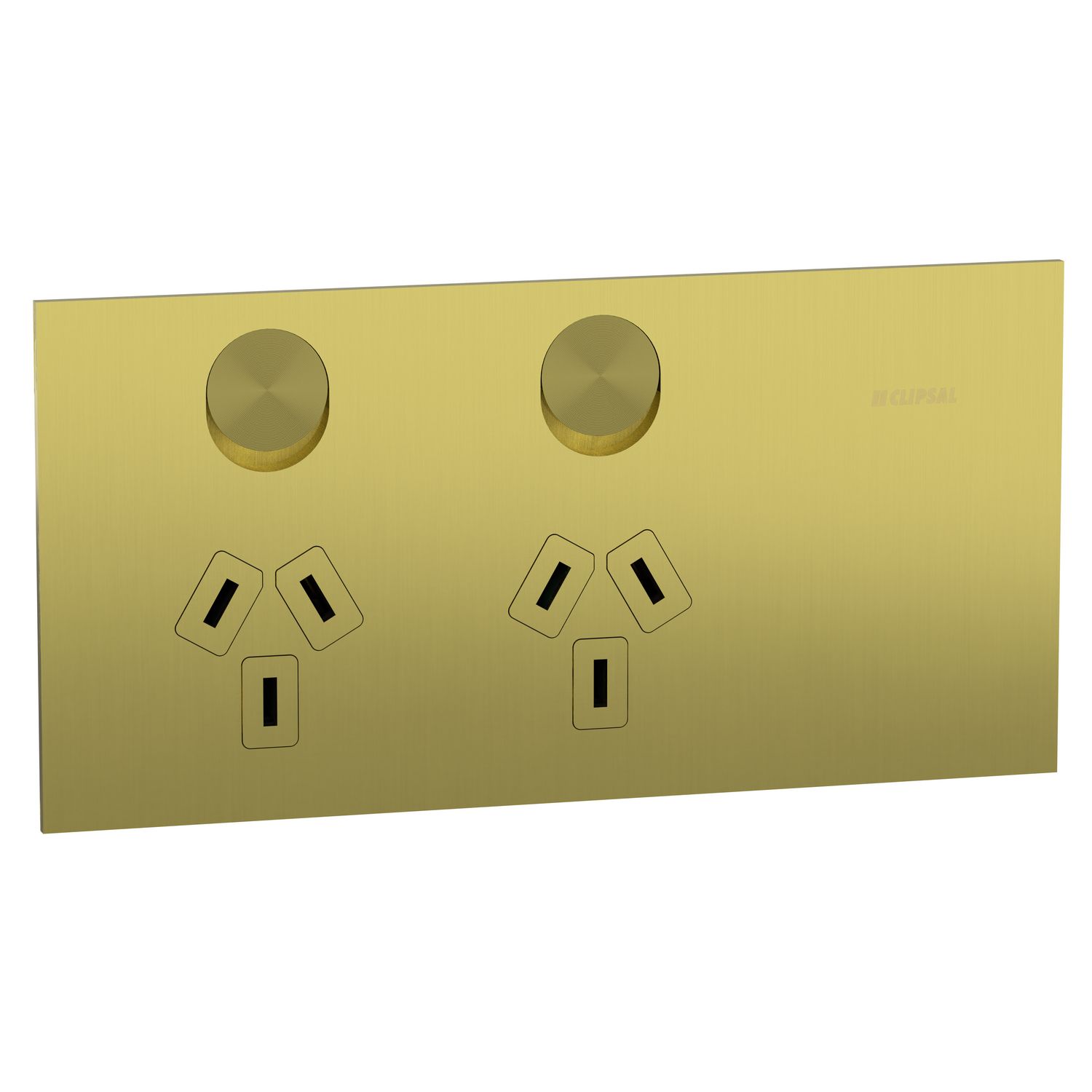 Picture of Double switched socket outlet, Clipsal Solis T Series, horizontal, 10A, brushed brass