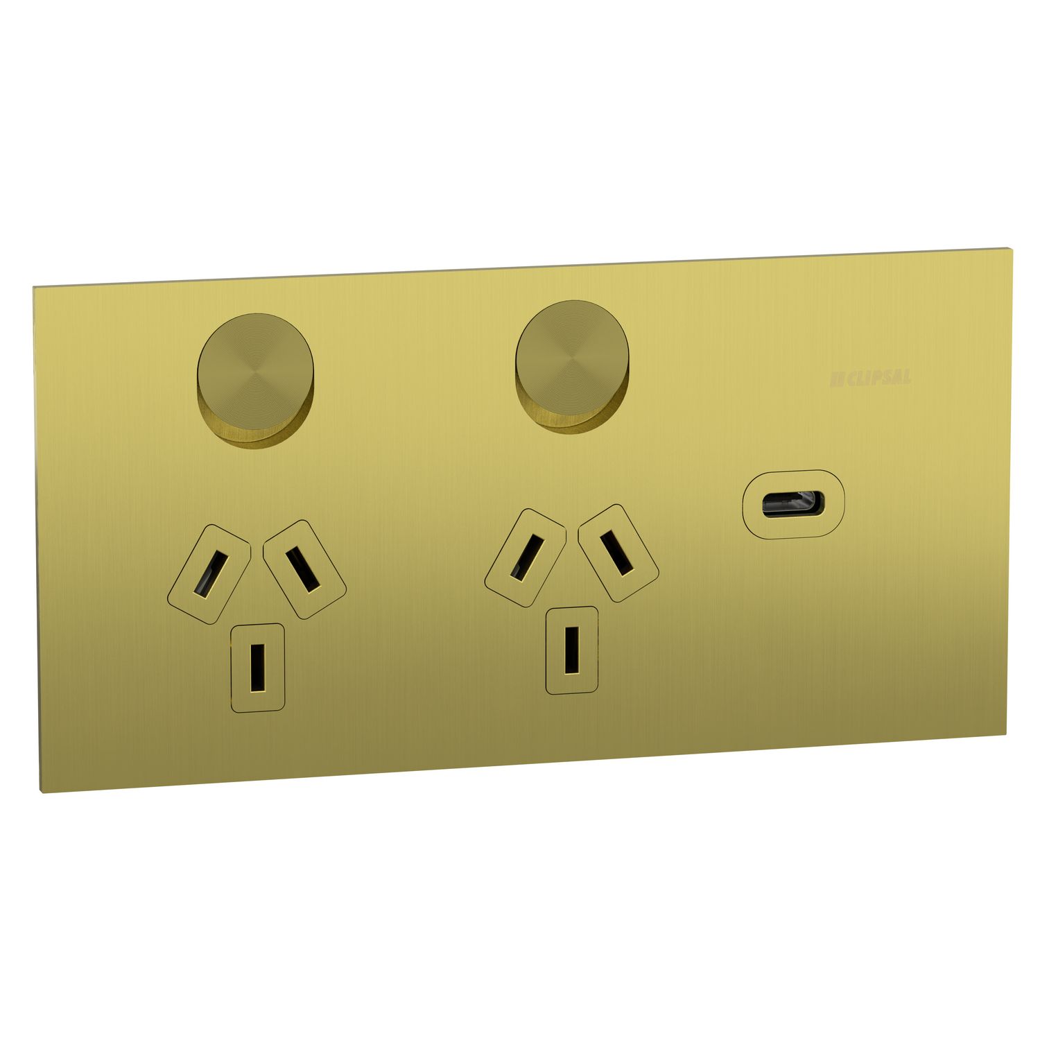 Picture of Double switched socket + USB charger, Clipsal Solis T Series, horizontal, USB C type, 10A, brushed brass