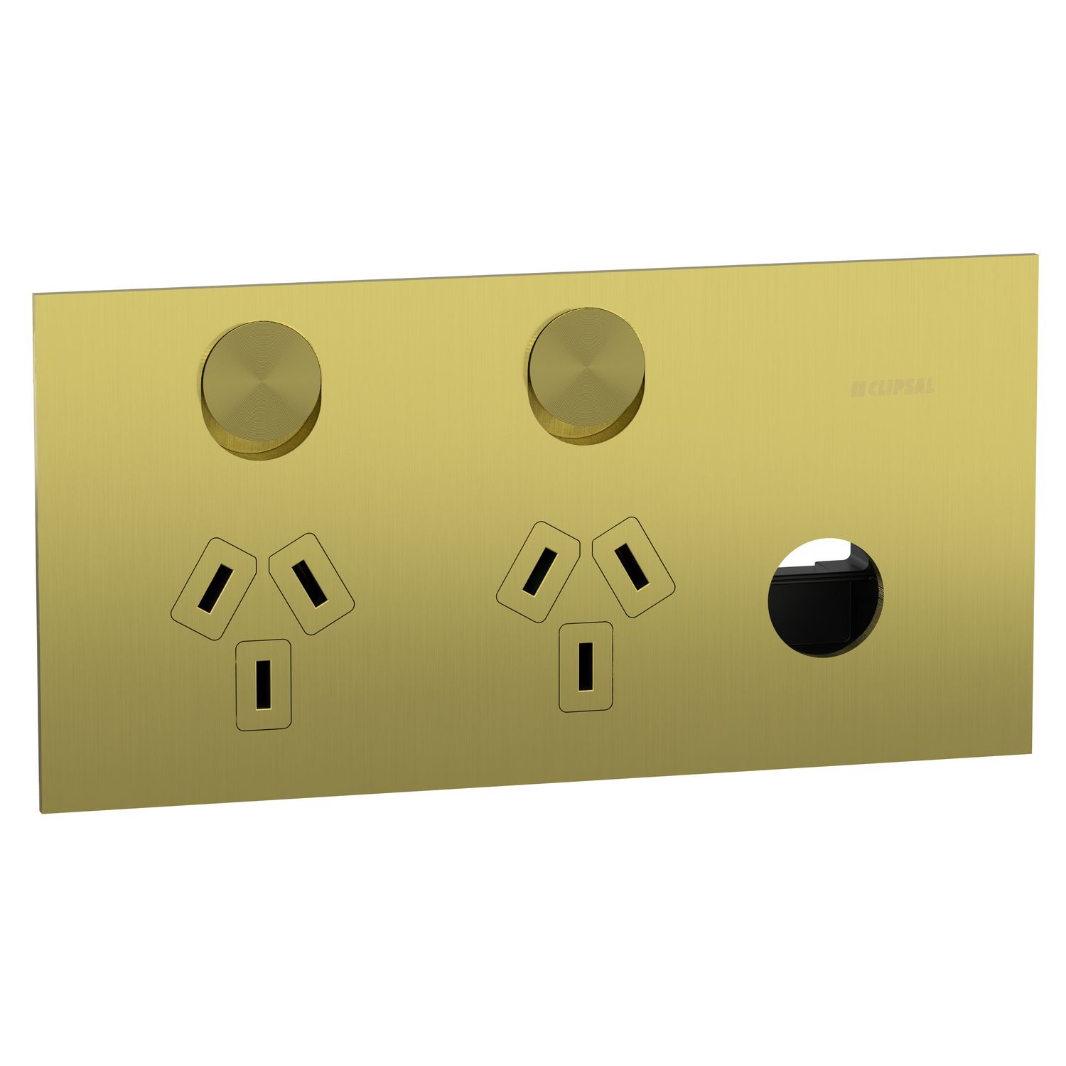 Picture of Double switched socket outlet, Clipsal Solis T Series, horizontal, 10A, brushed brass