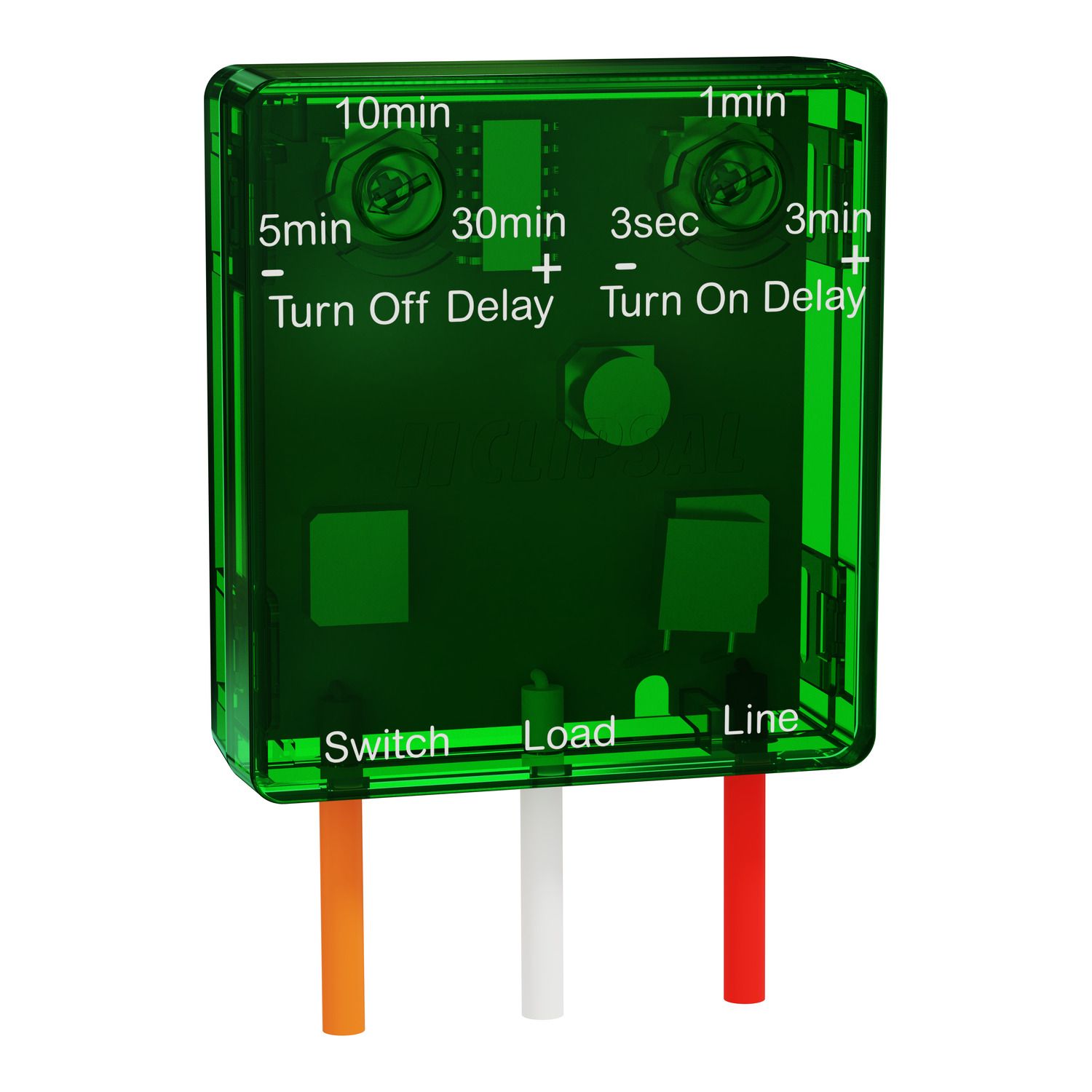 Picture of Run On timer, Standard Series, Clipsal, 1A, with selectable Turn ON and Turn OFF delays, translucent green