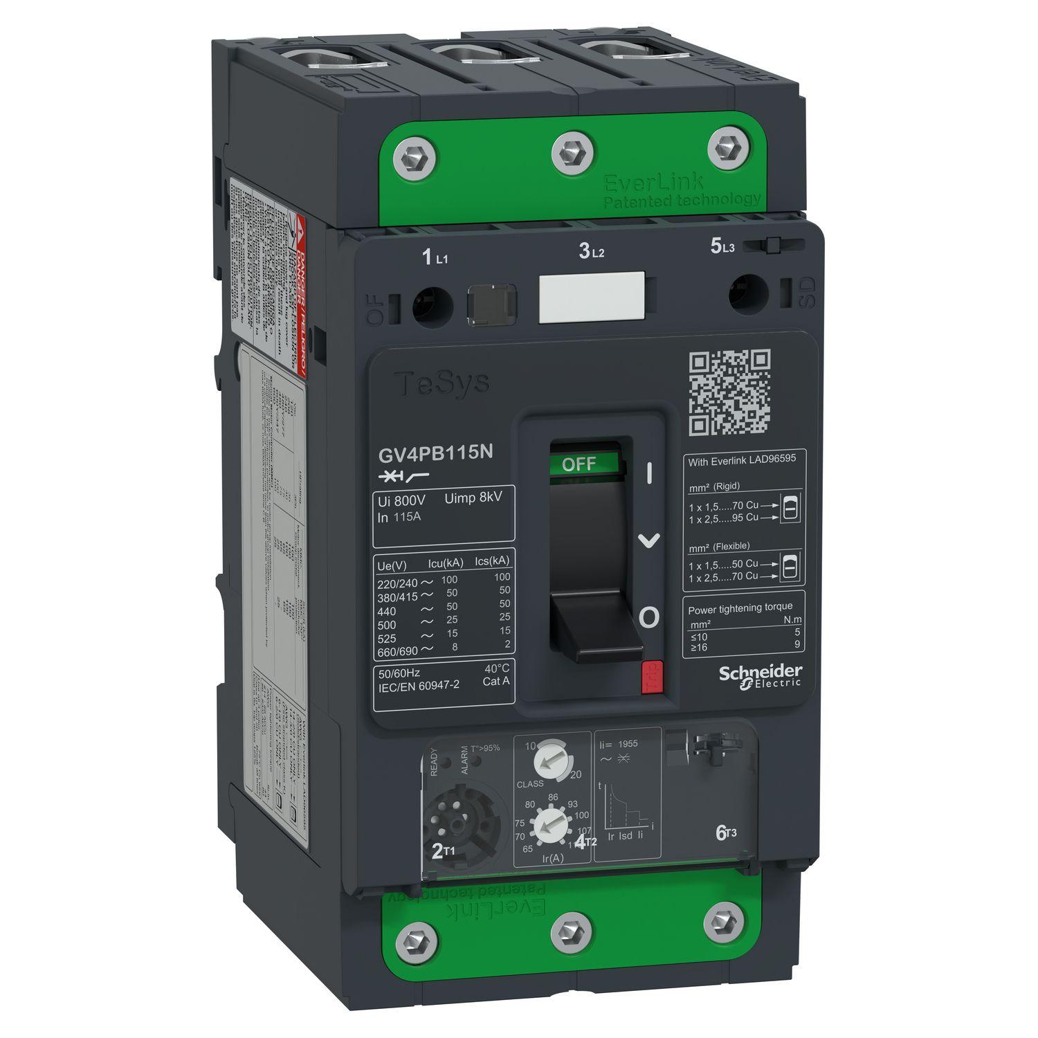 Picture of Motor circuit breaker, TeSys GV4, 3P, 115A, Icu 50kA, thermal magnetic multifunction, UL489