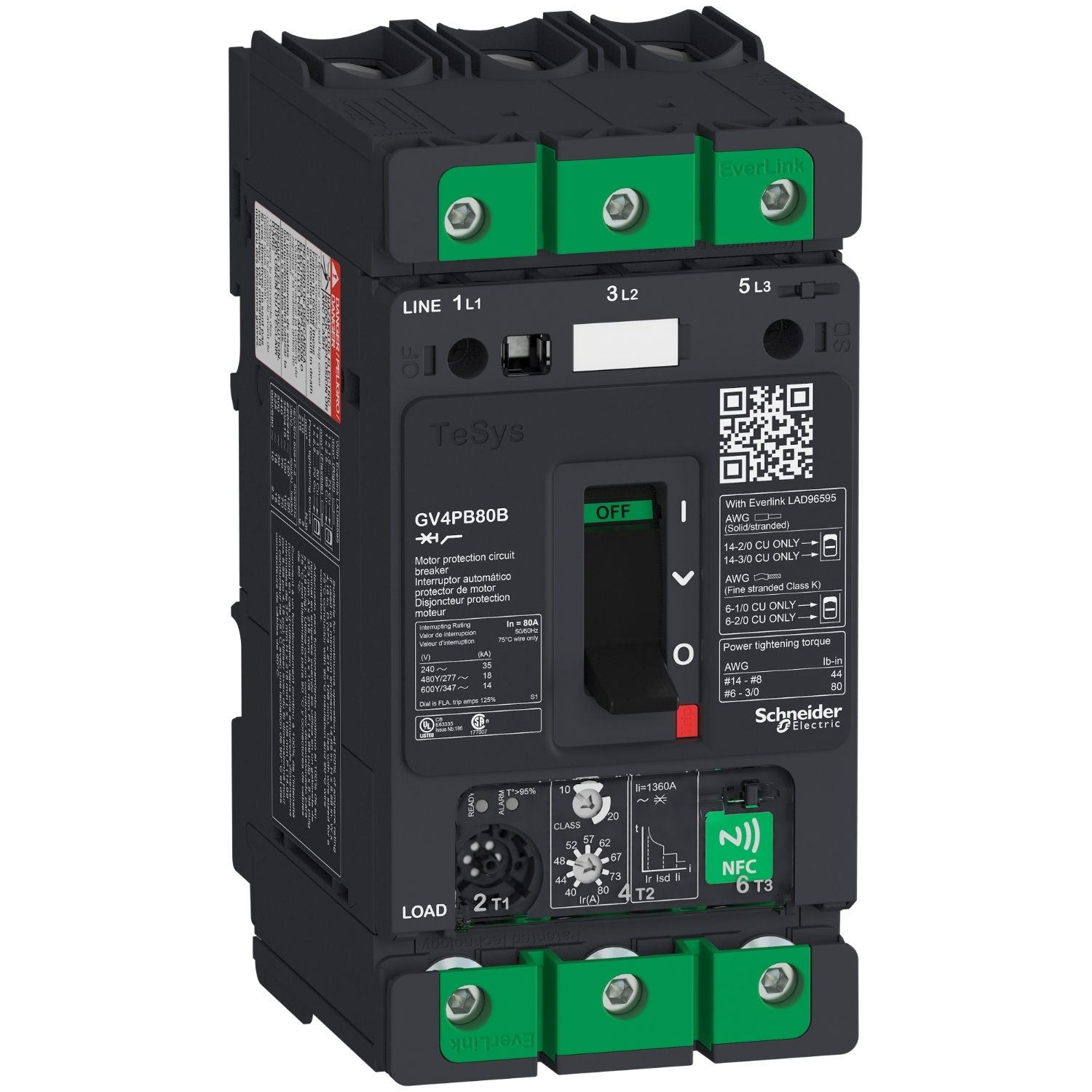 Picture of Motor circuit breaker, TeSys GV4, 3P, 80A, Icu 25kA, thermal magnetic multifunction, UL489