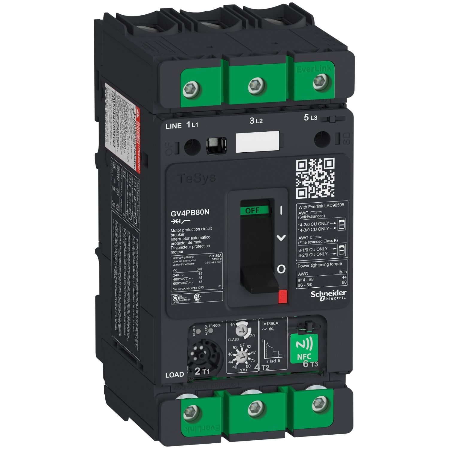 Picture of Motor circuit breaker, TeSys GV4, 3P, 80A, Icu 50kA, thermal magnetic multifunction, UL489