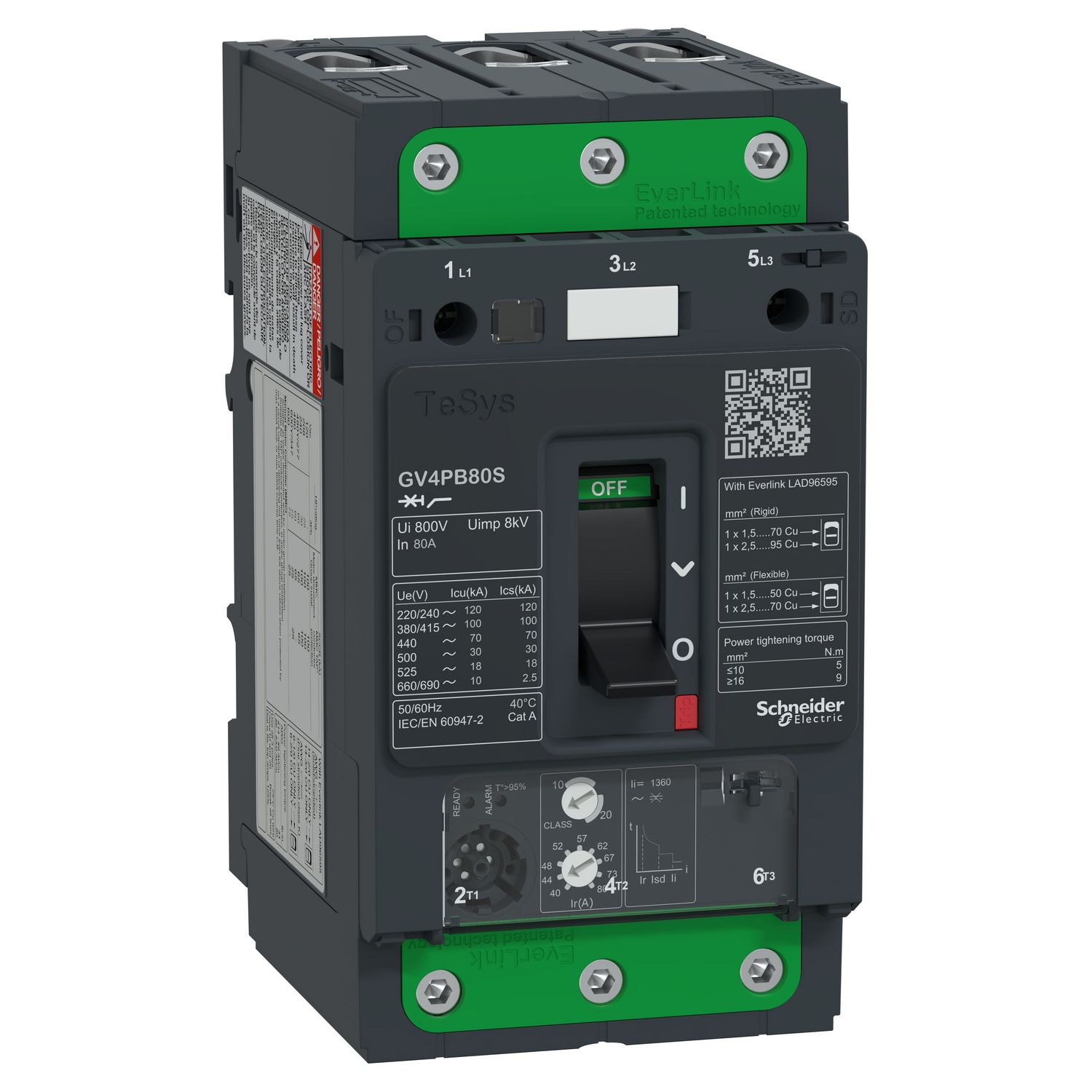 Picture of Motor circuit breaker, TeSys GV4, 3P, 80A, Icu 100kA, thermal magnetic multifunction, UL489