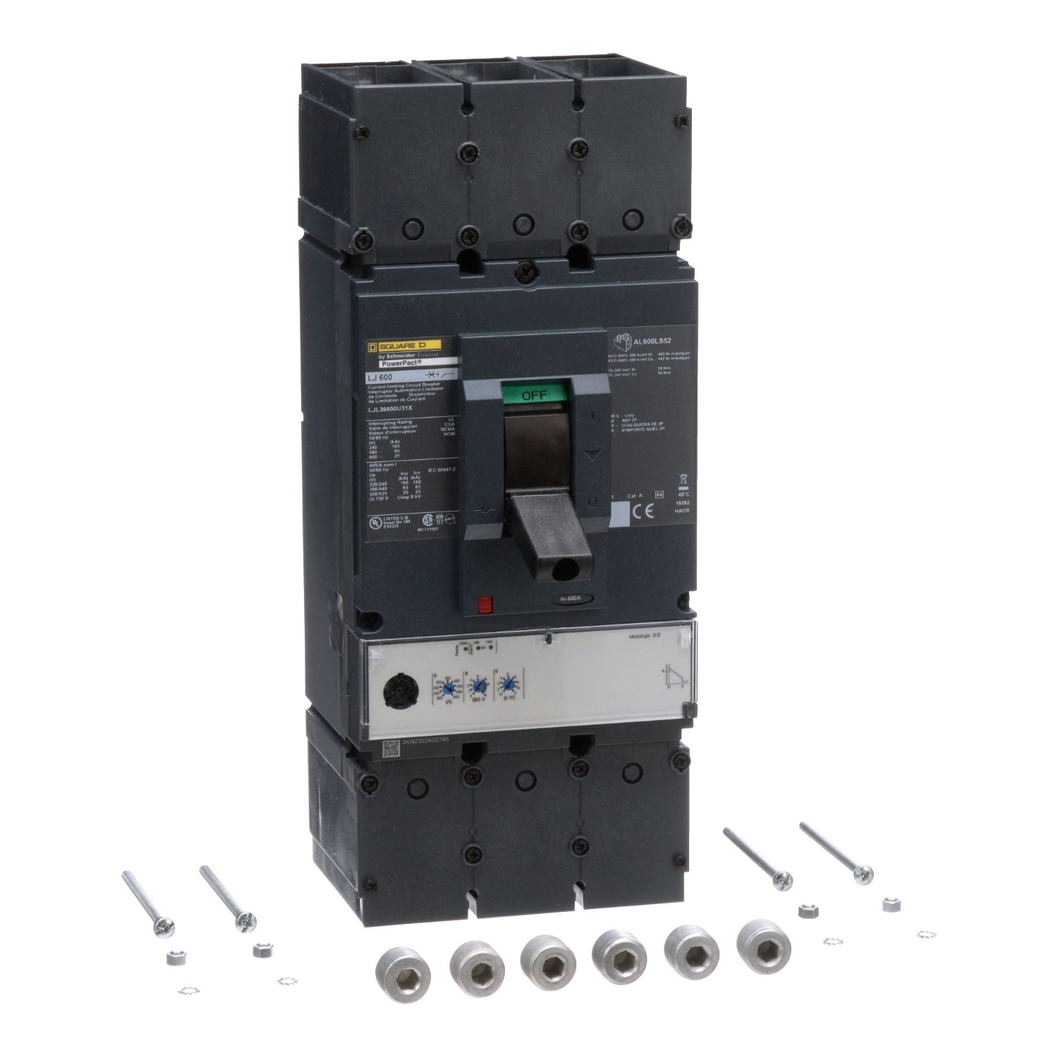 Picture of Circuit breaker, PowerPacT L, 600A, 3 pole, 600VAC, 25kA, lugs, MicroLogic 3.3, 80%