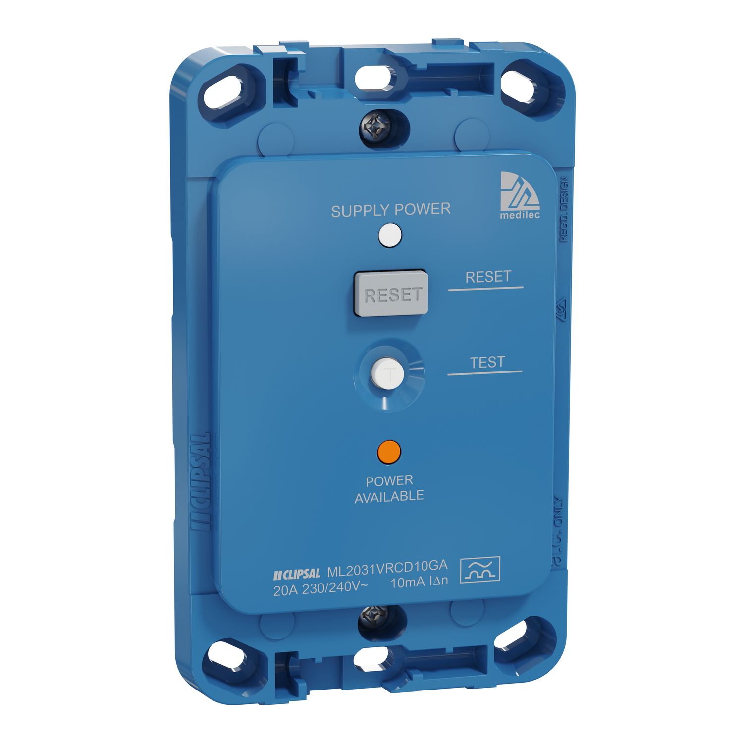 Picture of RCD grid, Medilec, Clipsal, RCD trip 10mA, 20A, vertical, antibacterial, blue