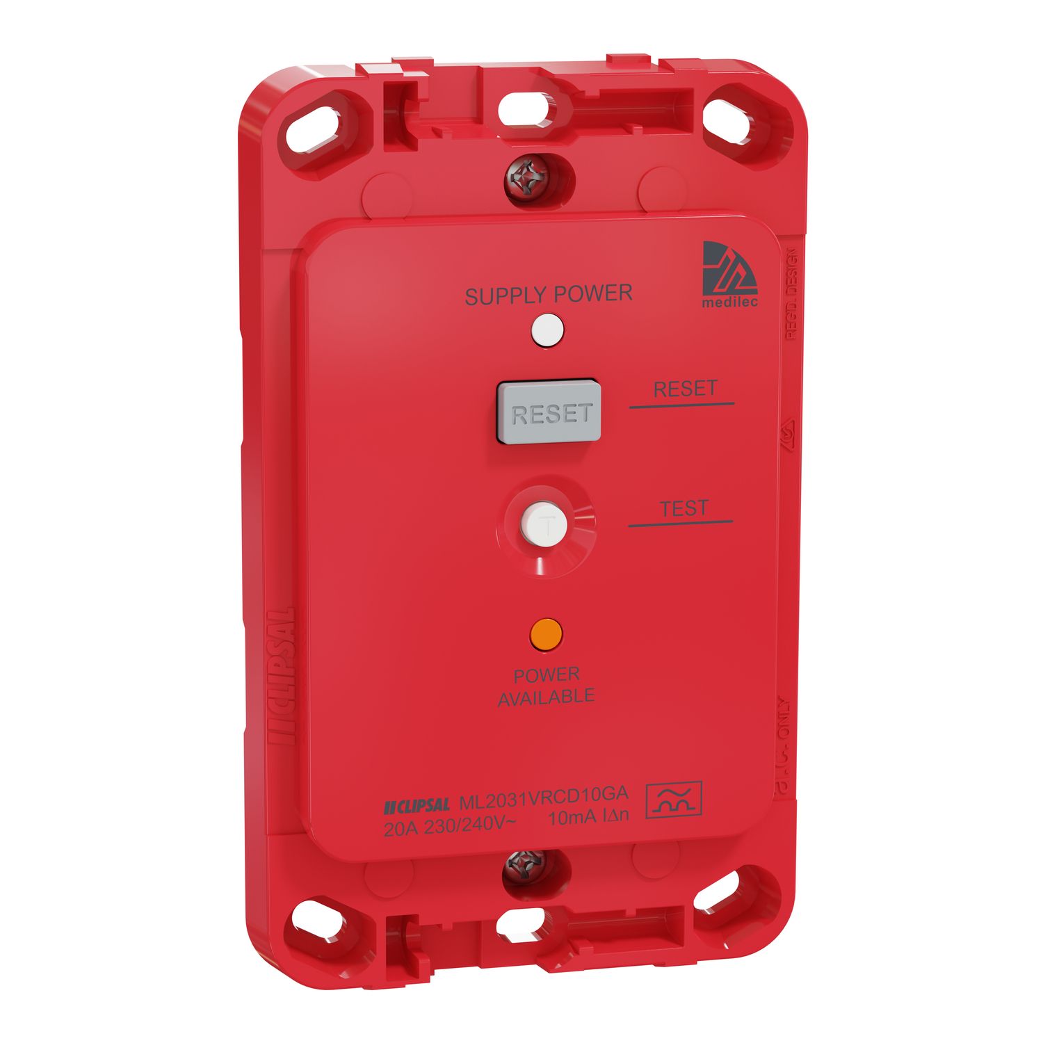 Picture of RCD grid, Medilec, Clipsal, RCD trip 10mA, 20A, vertical, antibacterial, red