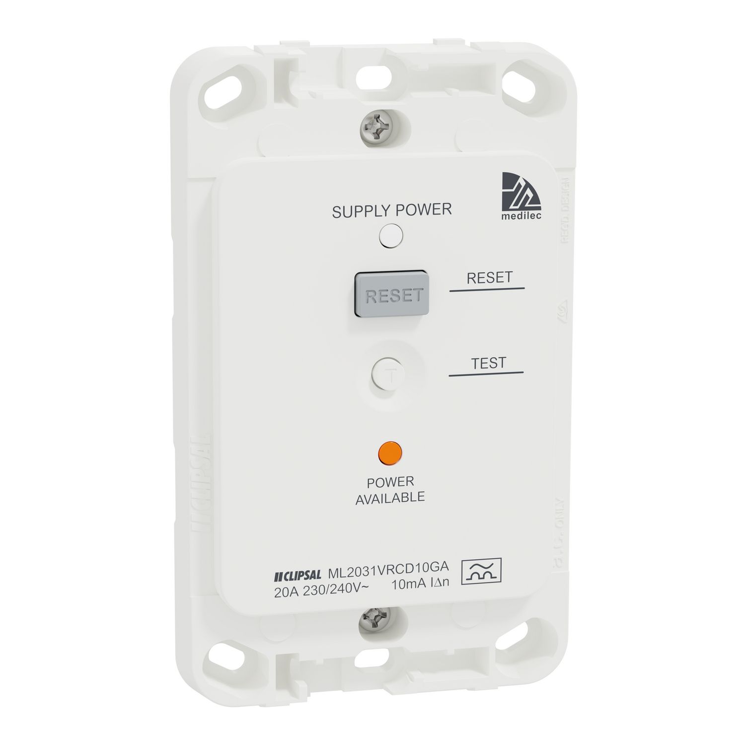 Picture of RCD grid, Medilec, Clipsal, RCD trip 10mA, 20A, vertical, antibacterial, white