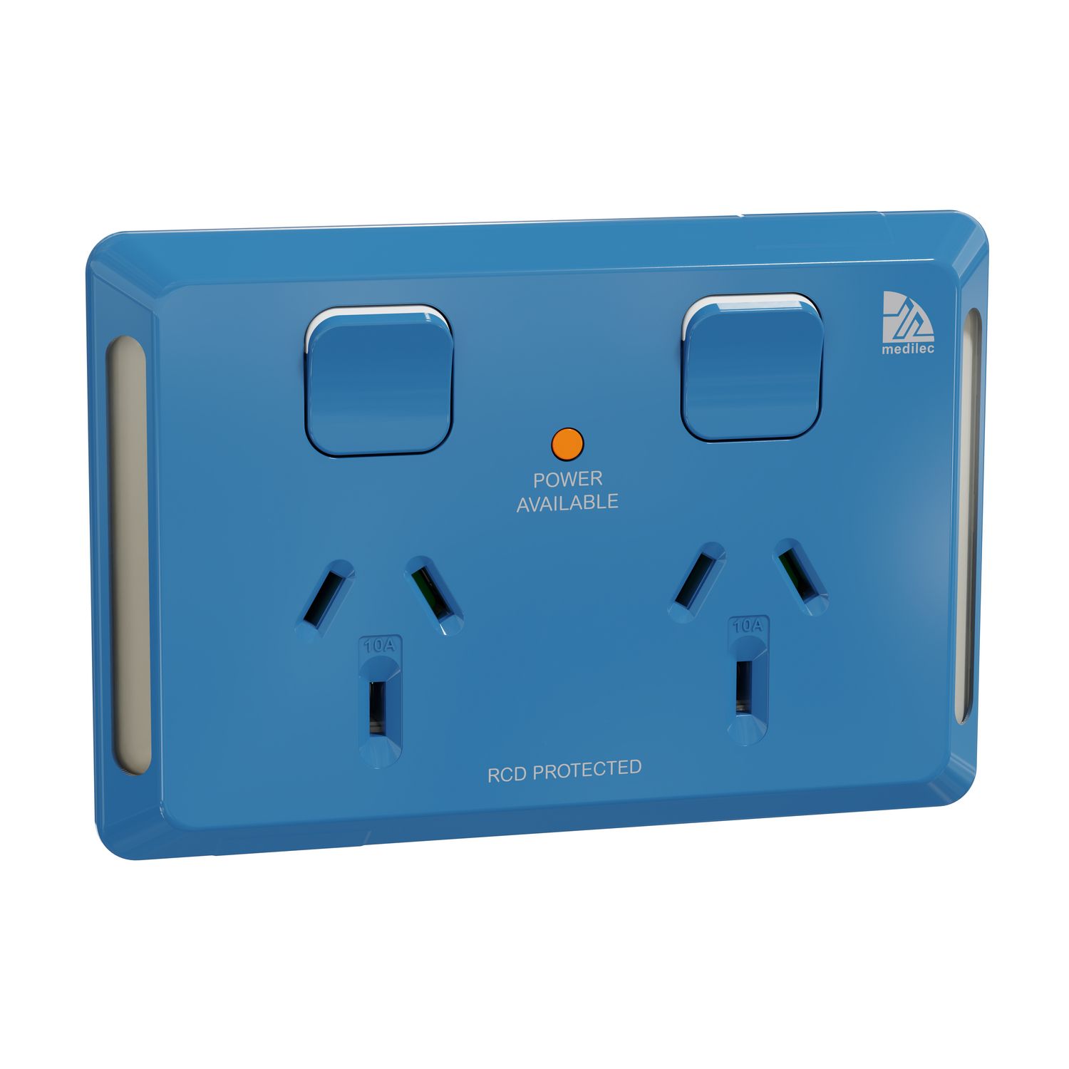 Picture of Twin switched socket, Medilec, 20A RCD protected, Clipsal, 10A, horizontal, antibacterial, dark blue
