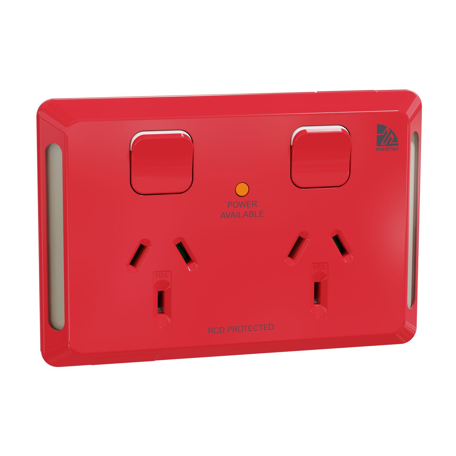 Picture of Twin switched socket, Medilec, 20A RCD protected, Clipsal, 10A, horizontal, antibacterial, red