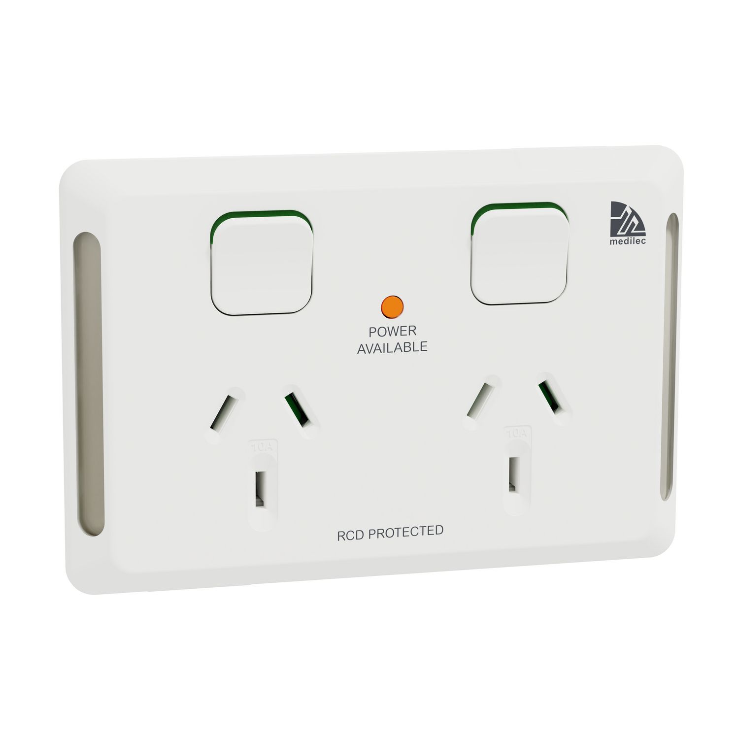 Picture of Twin switched socket, Medilec, 20A RCD protected, Clipsal, 10A, horizontal, antibacterial, white electric