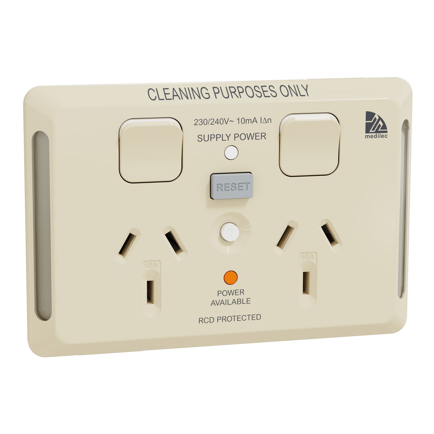 Picture of Twin switched socket, Medilec, Clipsal, 20A for RCD, 10mA, 10A, horizontal, antibacterial, beige