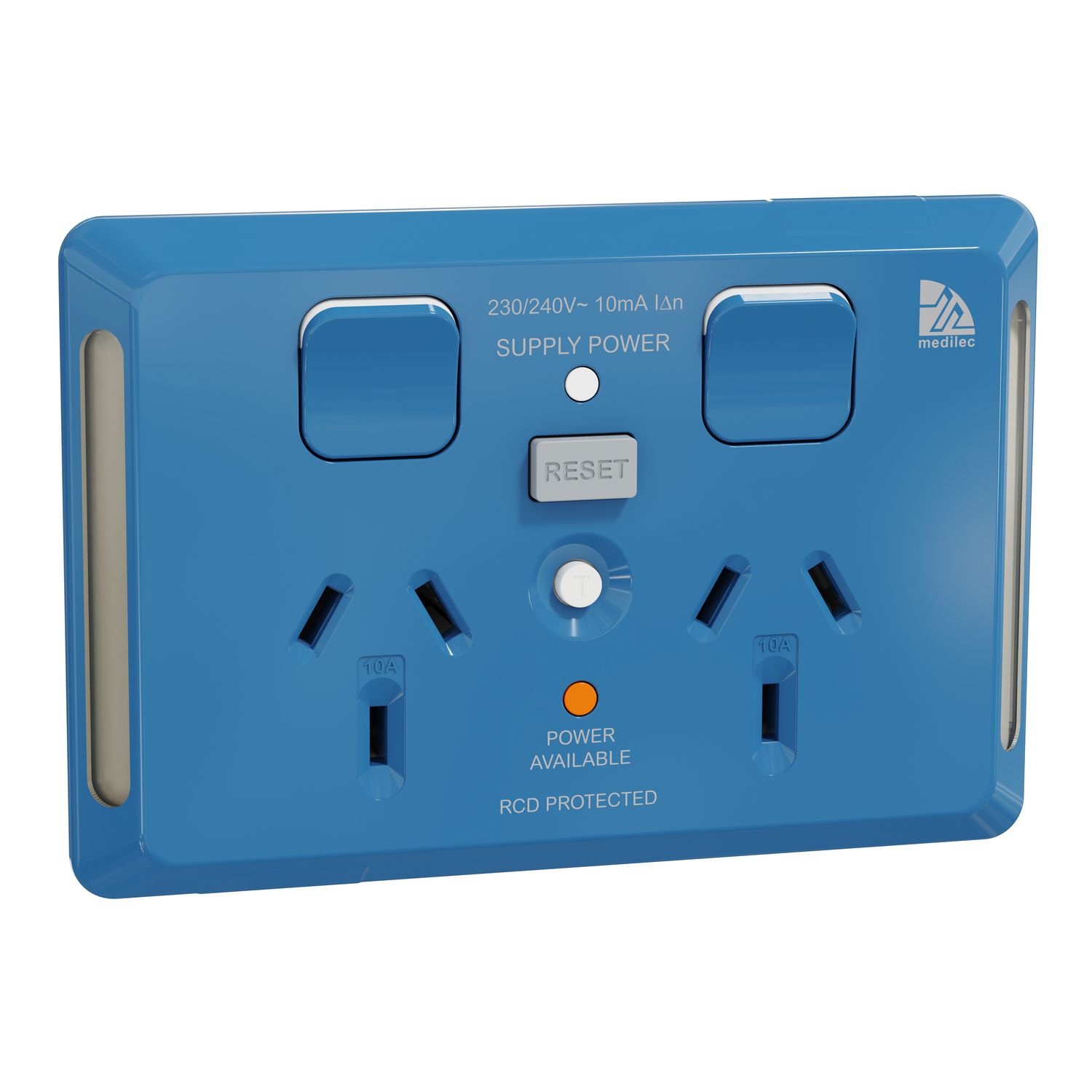 Picture of Twin switched socket, Medilec, Clipsal, 20A for RCD, 10mA, 10A, horizontal, antibacterial, dark blue