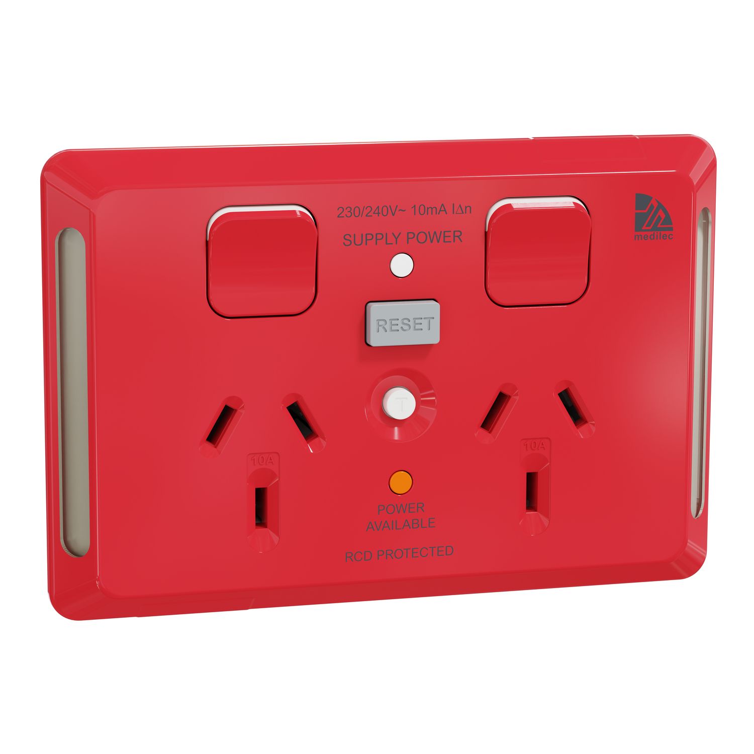 Picture of Twin switched socket, Medilec, Clipsal, 20A for RCD, 10mA, 10A, horizontal, antibacterial, red