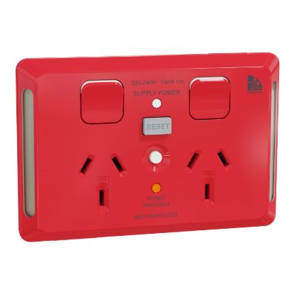 Picture of Twin switched socket, Medilec, Clipsal, 20A for RCD, 10mA, 10A, horizontal, antibacterial, red
