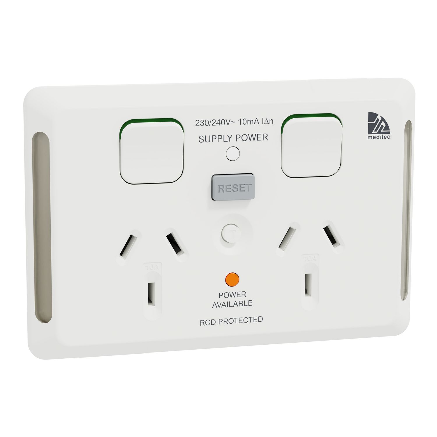 Picture of Twin switched socket, Medilec, Clipsal, 20A for RCD, 10mA, 10A, horizontal, antibacterial, white electric
