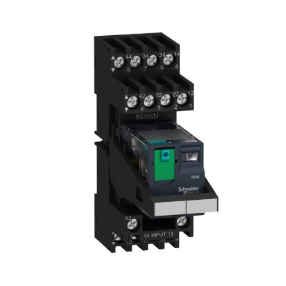 Picture of miniature plug in relay pre assembled, Harmony Electromechanical Relays, 10A, 2CO, with LED, lockable test but to n, mixed terminals socket, 24V DC