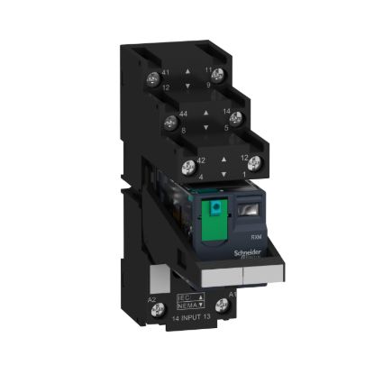 Picture of miniature, Harmony Electromechanical Relays, 12A, 2CO, with LED, with lockable test button, separate terminals socket, 24V DC