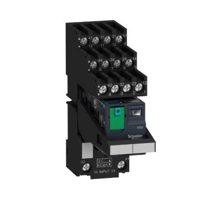 Picture of miniature, Harmony Electromechanical Relays, 6A, 4CO, with LED, with lockable test button, separate terminals socket, 24V DC