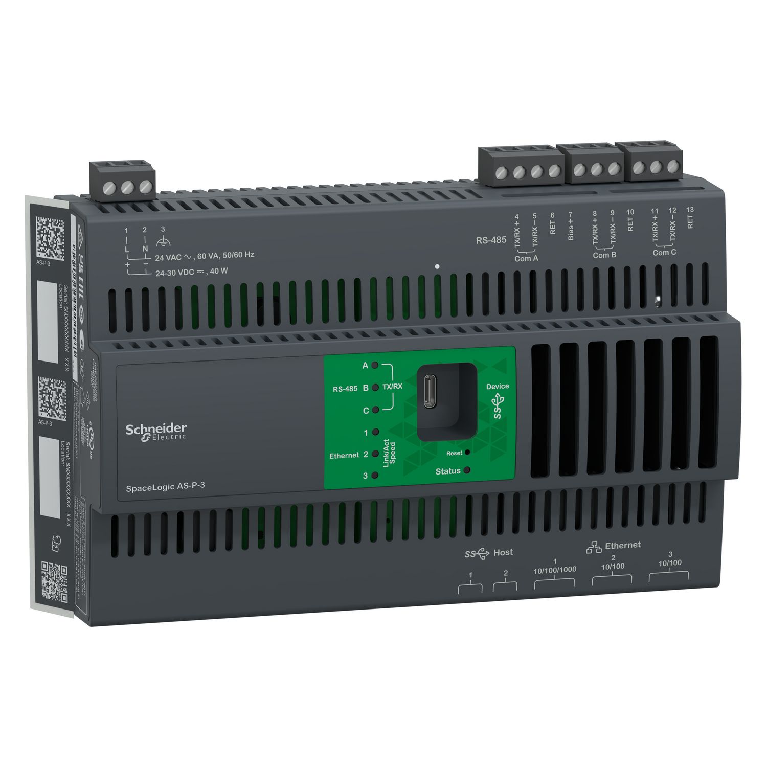 Picture of Automation Server V3 Premium, SpaceLogic, AS-P-3, BACnet IP, 1 10/100/1000 & 2 10/100 Ethernet Ports, 3 RS-485 Ports, 2 USB Host Ports