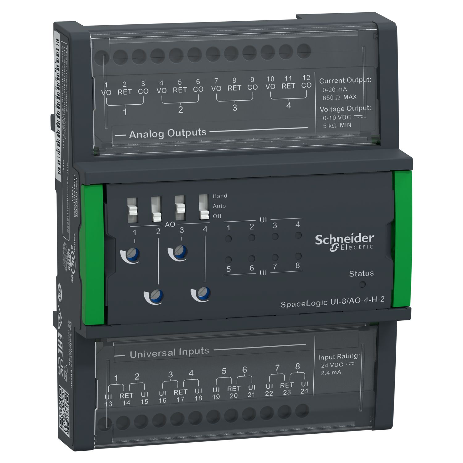 Picture of SpaceLogic Central I/O Expansion Module, 8 Universal Inputs, 4 Analog Outputs, Override