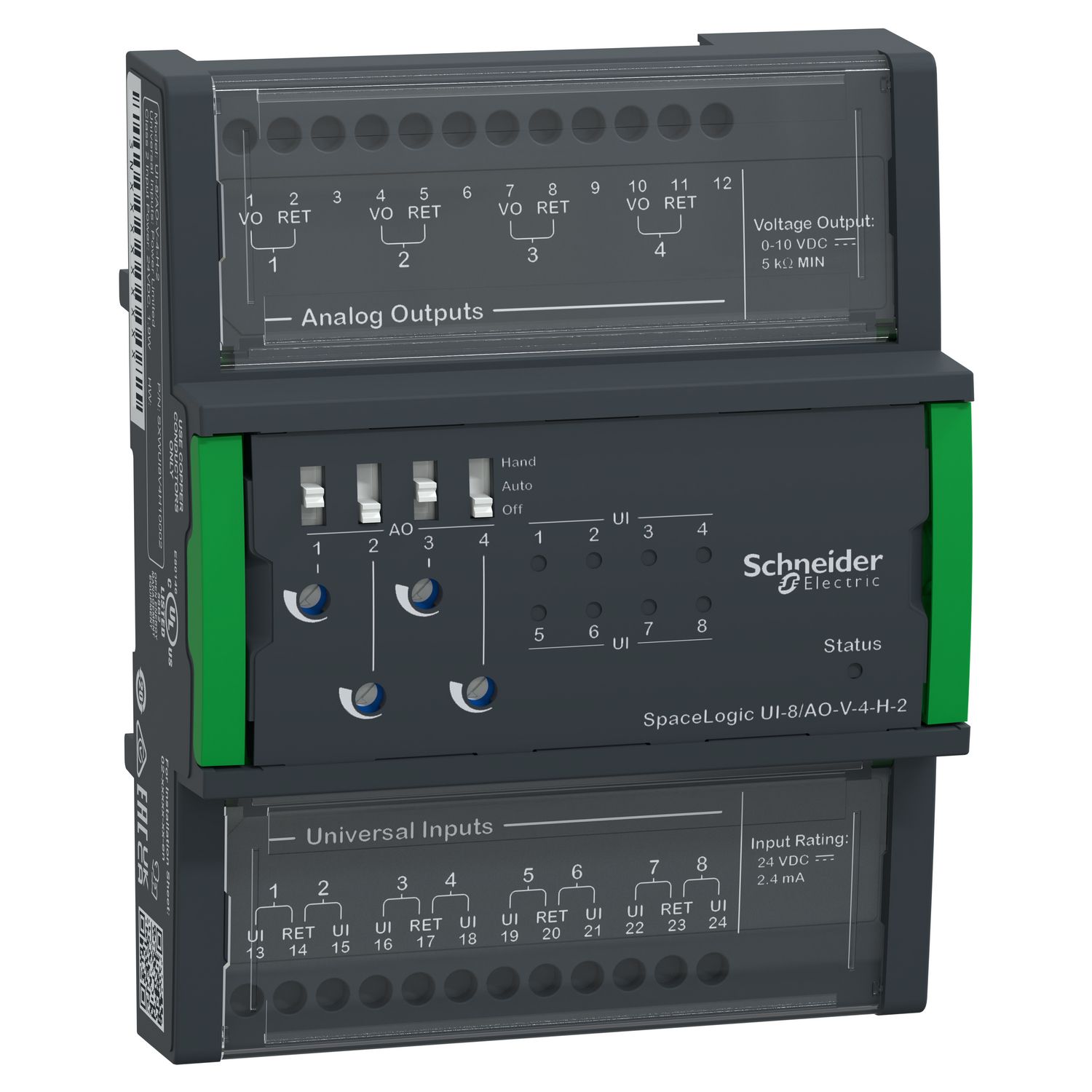 Picture of SpaceLogic Central I/O Expansion Module, 8 Universal Inputs, 4 Analog Voltage Outputs, Override
