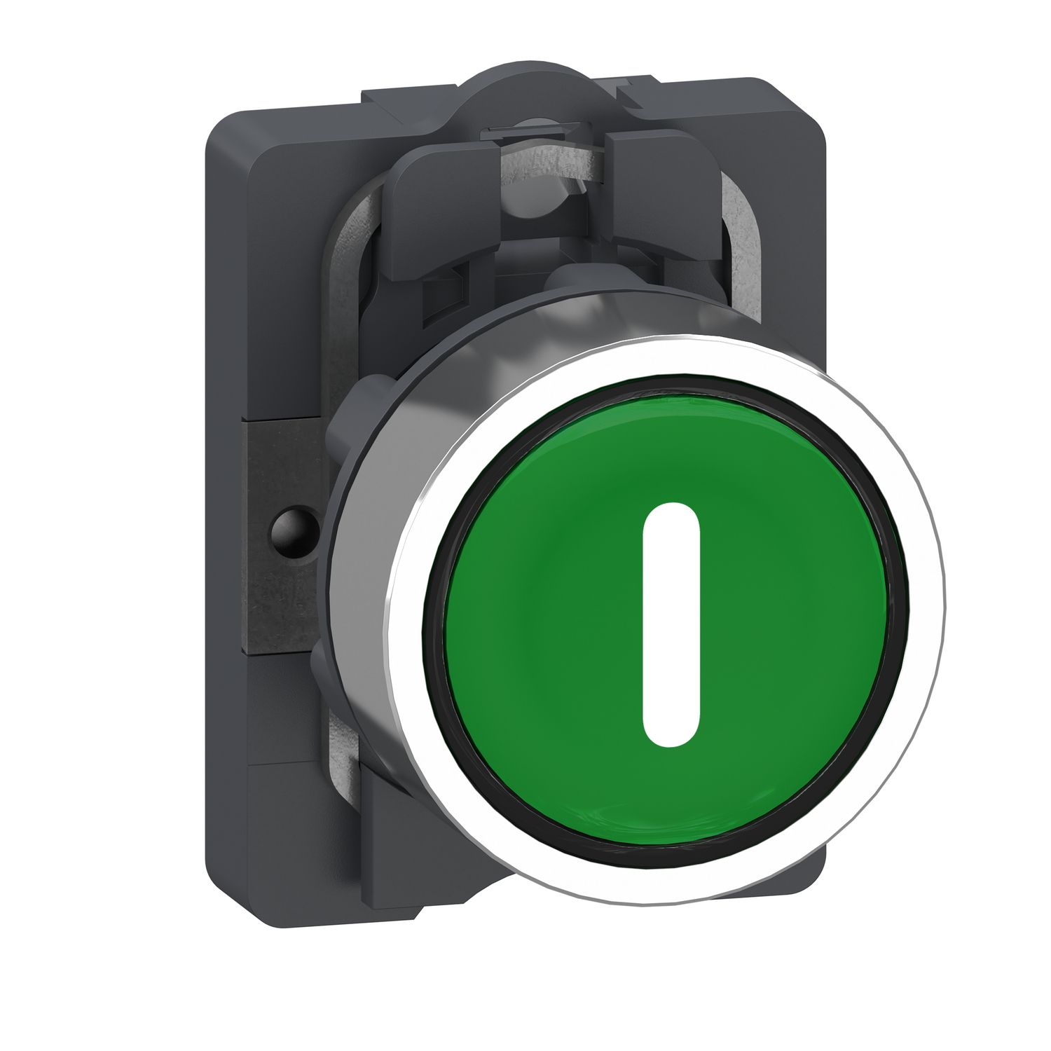 Picture of Complete push button with symbol, Easy Harmony XA2, plastic head, 22mm, green, vertical line, 1NO, spring return, marked