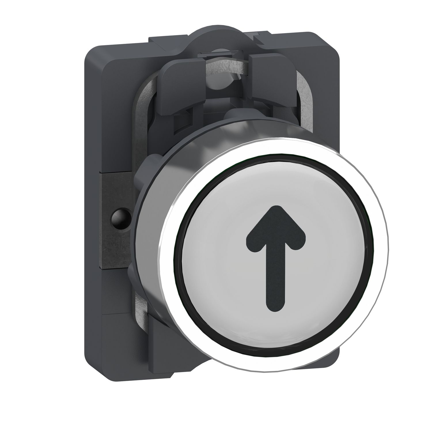 Picture of Complete push button with symbol, Easy Harmony XA2, plastic head, 22mm, white, arrow, 1NO, spring return, marked