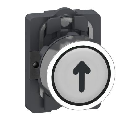 Picture of Complete push button with symbol, Easy Harmony XA2, plastic head, 22mm, white, arrow, 1NO, spring return, marked