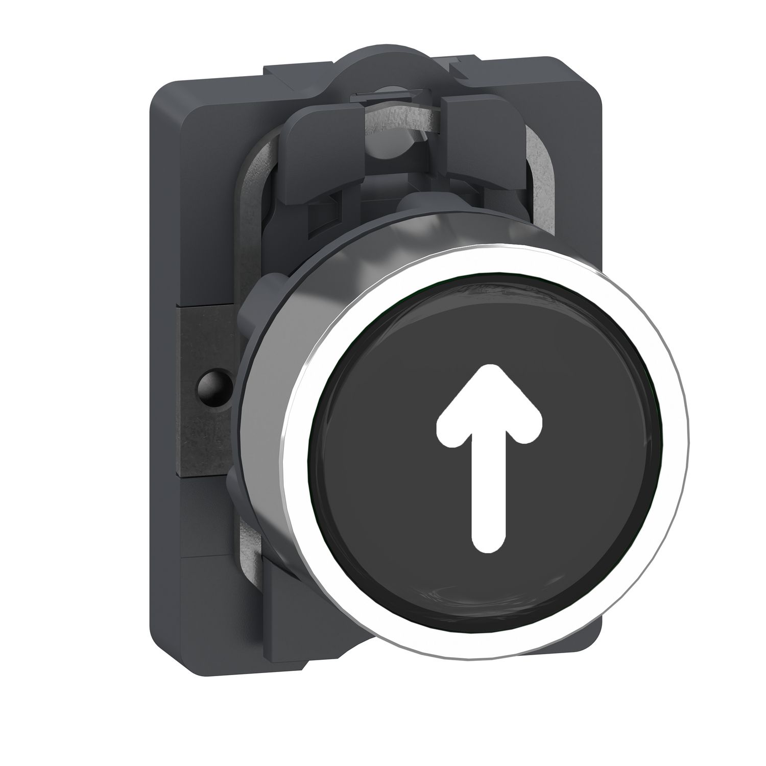 Picture of Complete push button with symbol, Easy Harmony XA2, plastic head, 22mm, black, arrow, 1NO, spring return, marked