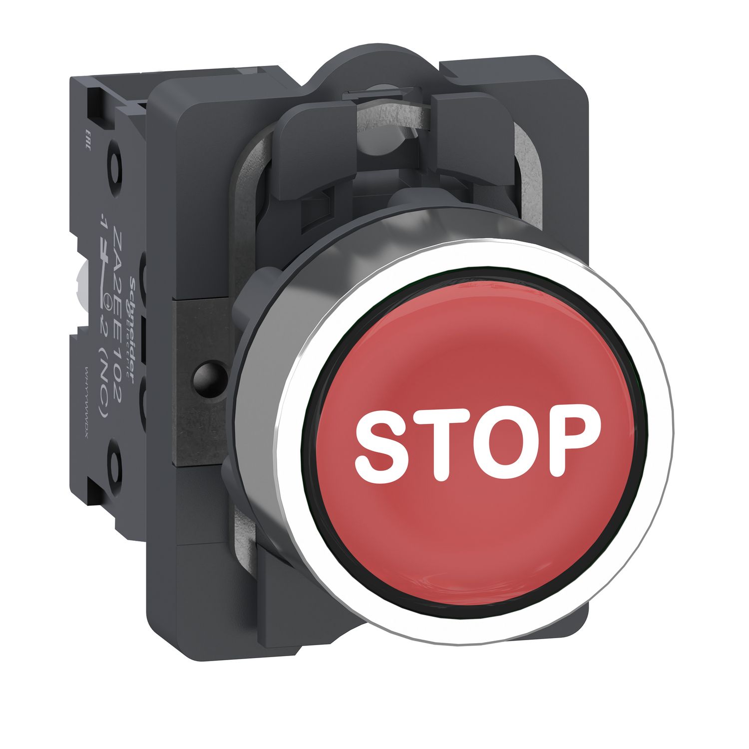 Picture of Complete push button with symbol, Easy Harmony XA2, plastic head, 22mm, red, STOP, 1NC, spring return, marked