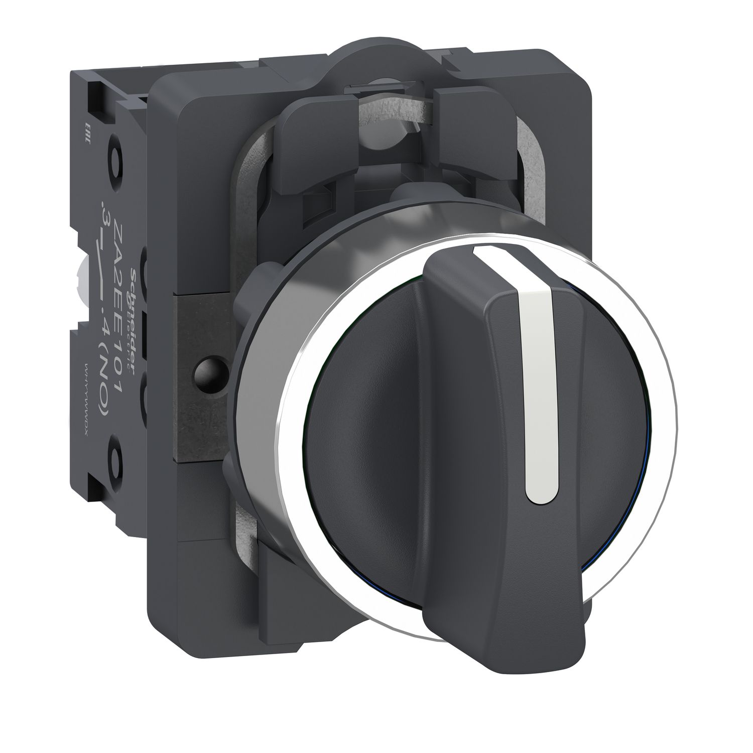 Picture of Complete selector switch, Easy Harmony XA2, plastic short handle, 22mm, 3-position, 2NO, spring return, black