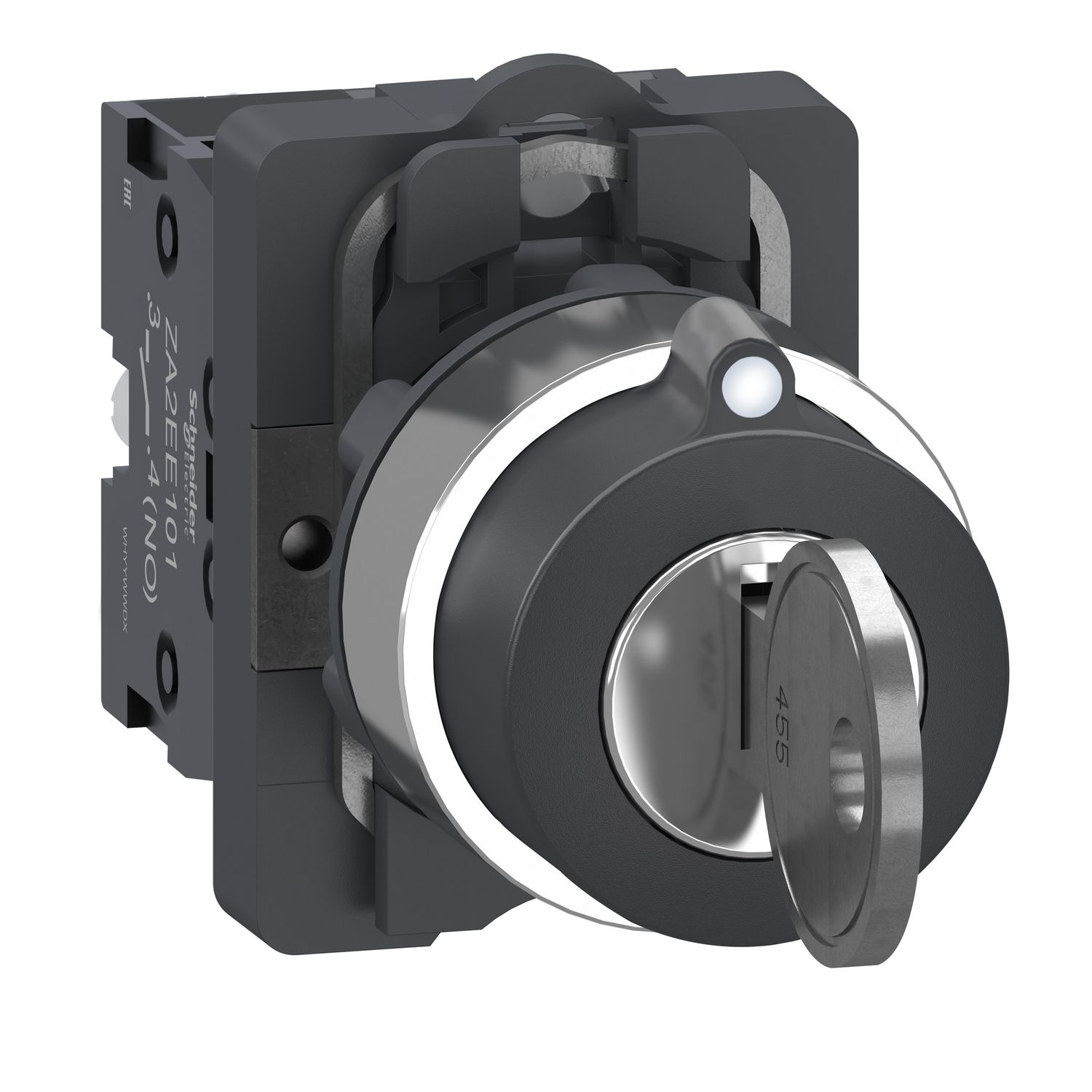 Picture of Complete key switch, Easy Harmony XA2, plastic head, 22mm, 3 positions, 3 sides pull-out, 2NO, stay put