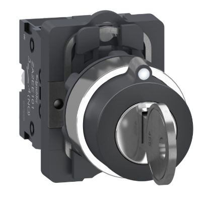 Picture of Complete key switch, Easy Harmony XA2, plastic head, 22mm, 3 positions, middle pull-out, 2NO, spring return