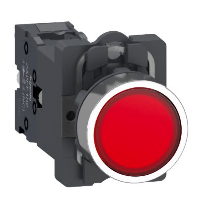 Picture of Complete illuminated push button, Easy Harmony XA2, plastic head, 22mm, red, 1NC, AC/DC 24V, spring return
