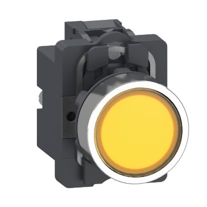 Picture of Complete illuminated push button, Easy Harmony XA2, plastic head, 22mm, yellow, 1NO, AC 220V, spring return