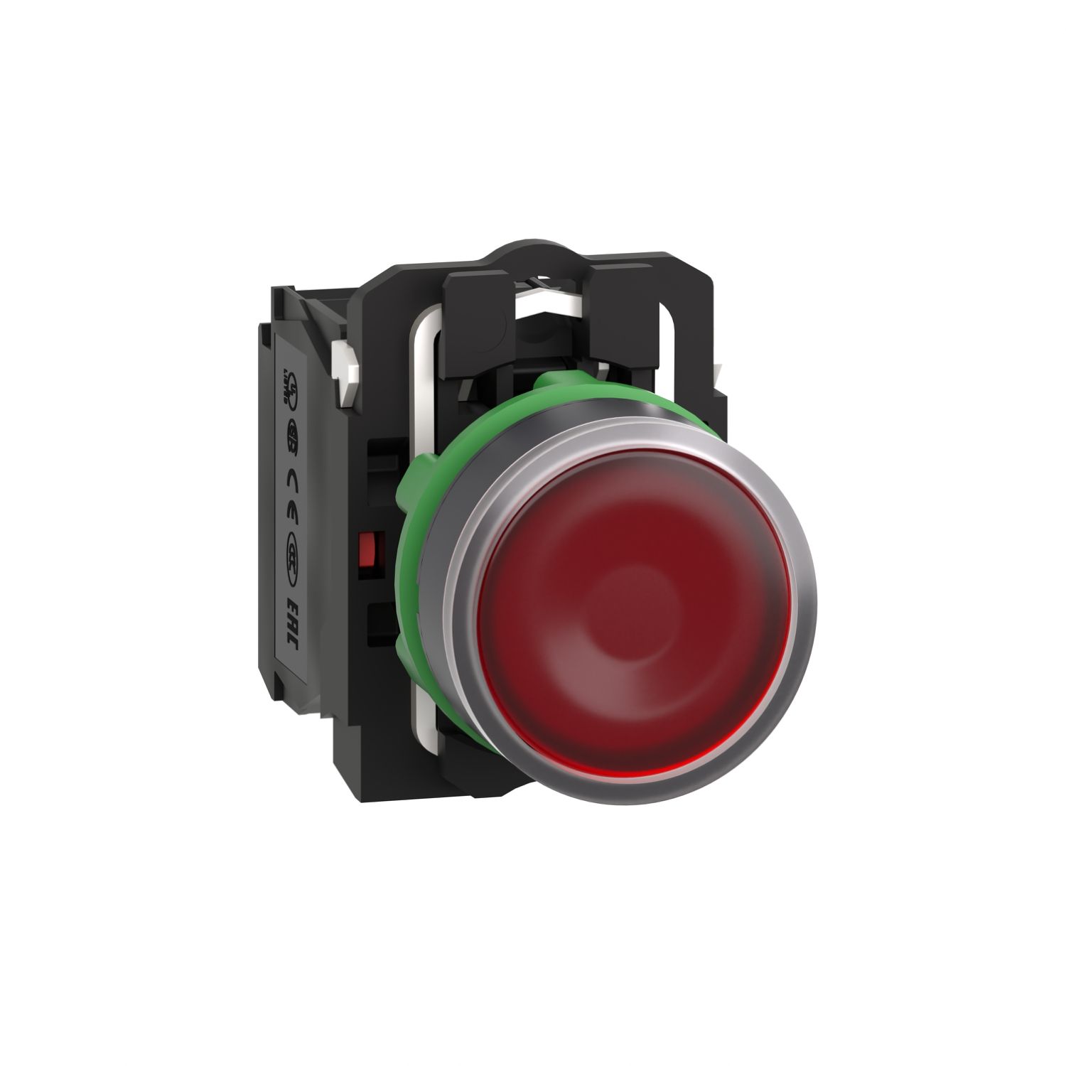 Picture of Illuminated push button, Harmony XB5, plastic, red flush, 22mm, universal LED, plain lens, 1NO + 1NC, 24V AC DC