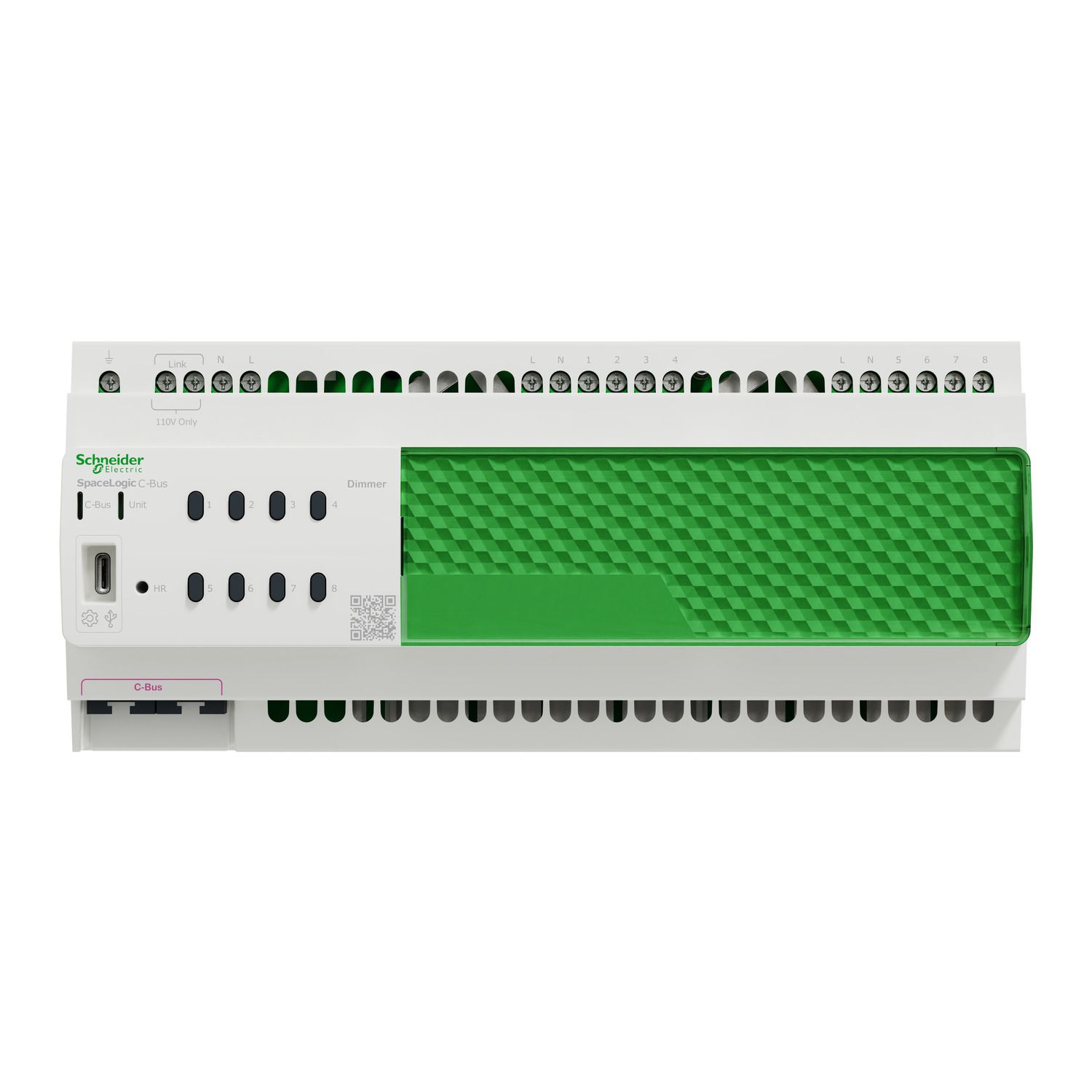 Picture of Dimmer, SpaceLogic C-Bus, 8 channel, 1A per channel, DIN rail mount, inbuilt switchable C-Bus power supply, white