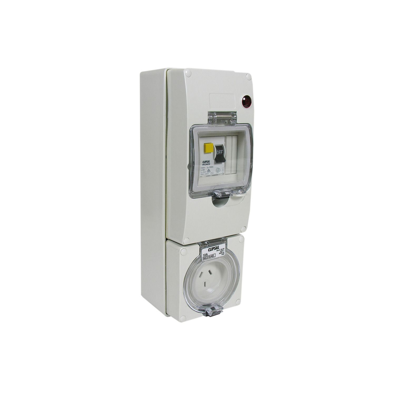 Picture of RCD Protected Socket Outlet, Clipsal - 56 Series, 250V, 10A, 3 Flat PIN, IP66, 30mA Surface Mount
