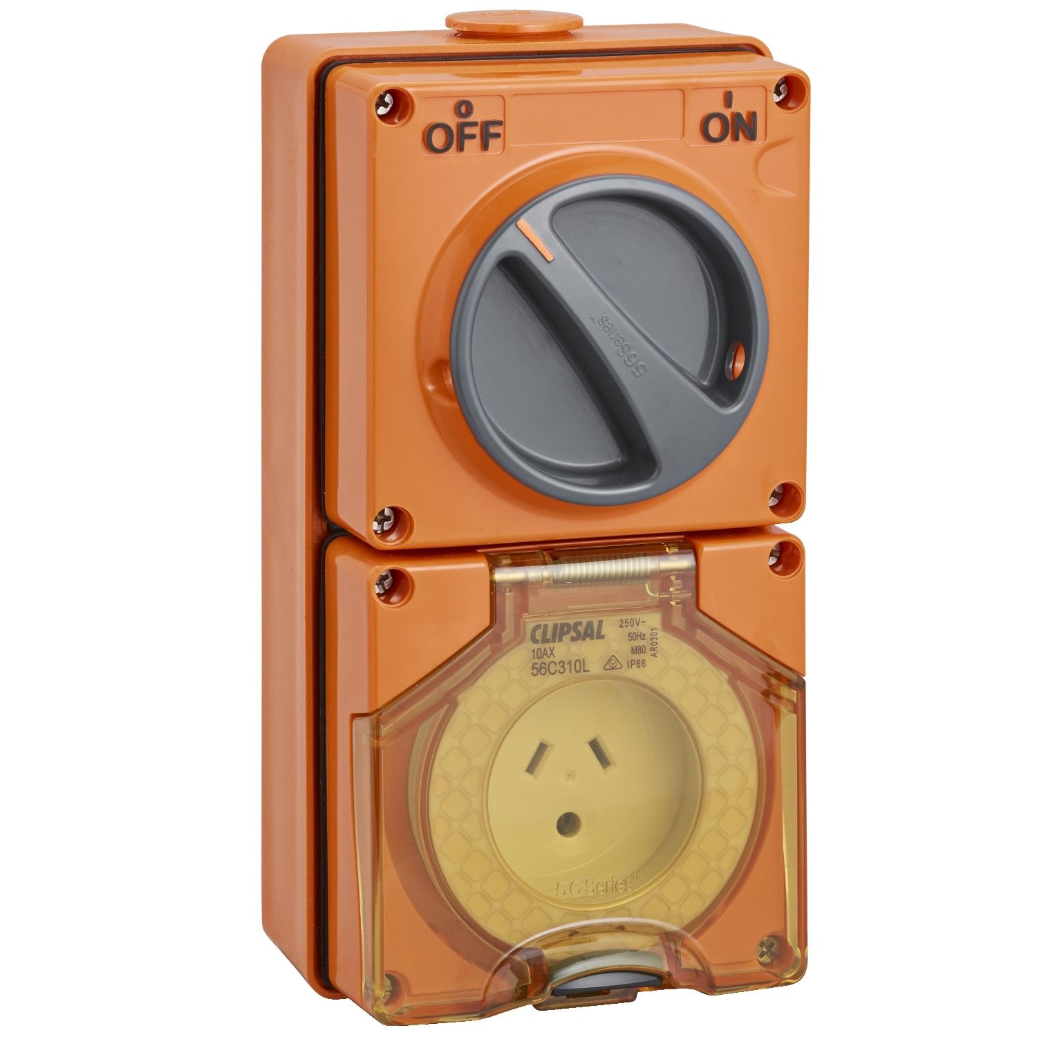 Picture of Switched Socket Outlet, Clipsal - 56 Series, 250V, 10A, 2 Flat and Round Earth PIN, IP66, 1 Pole