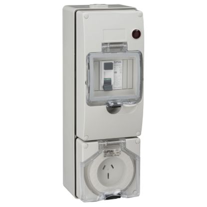 Picture of Switched Socket Outlet 250V, Clipsal - 56 Series, 15A, 3 Flat PIN, IP66, Surface Mount, Earth Leakage