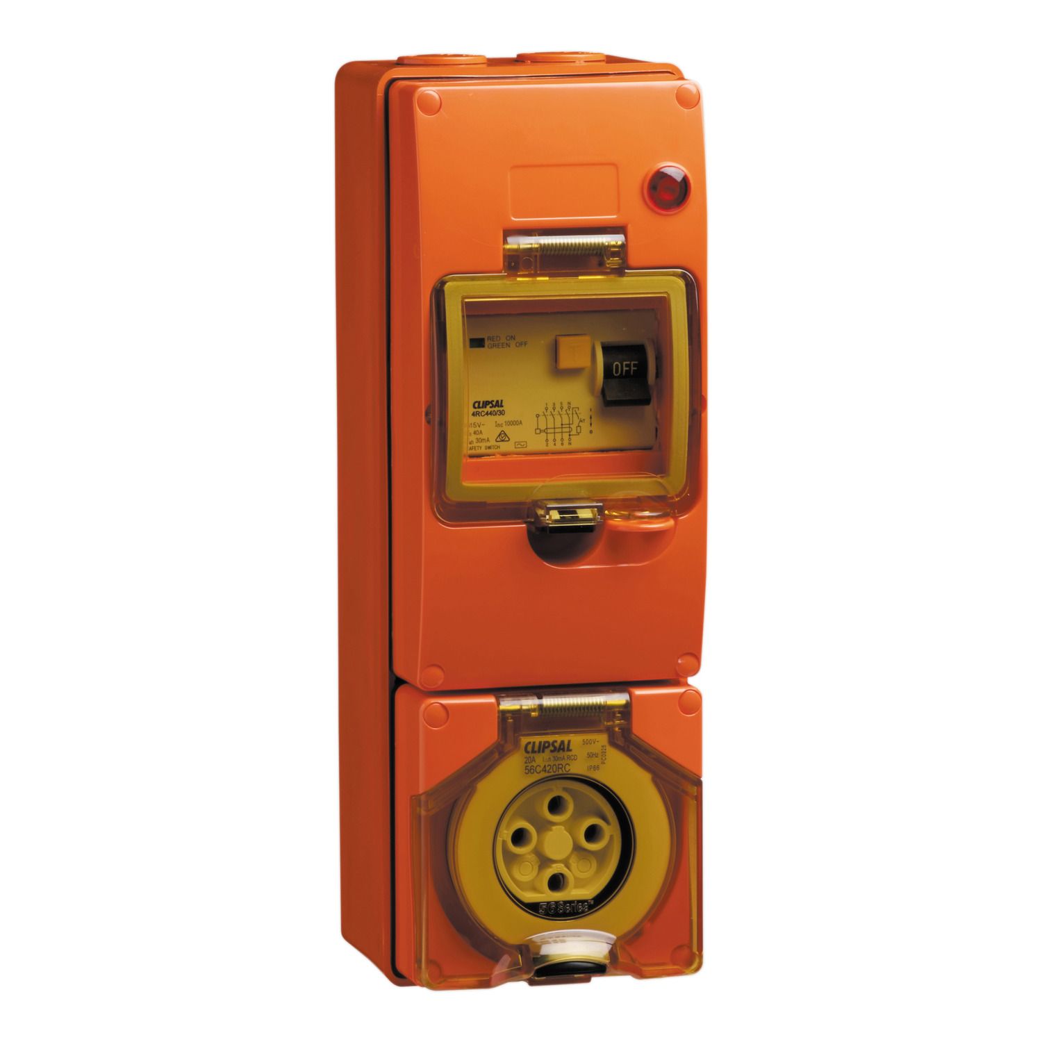 Picture of RCD Protected Switched Socket Outlet, Clipsal - 56 Series, 500V, 20A, 4 Round PIN, IP66, 30mA