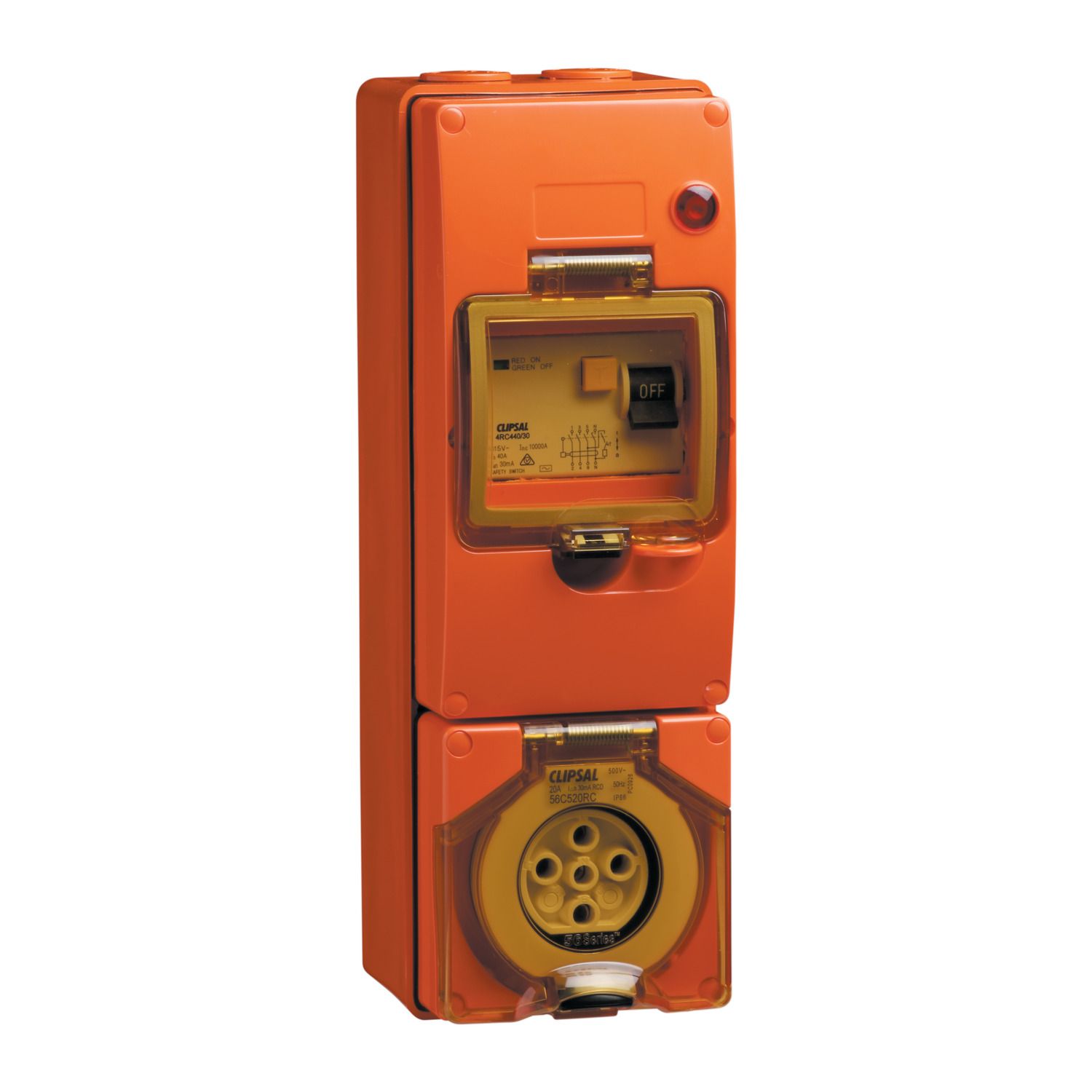 Picture of RCD Protected Switched Socket Outlet, Clipsal - 56 Series, 500V, 20A, 5 Round PIN, IP66, 3 Pole