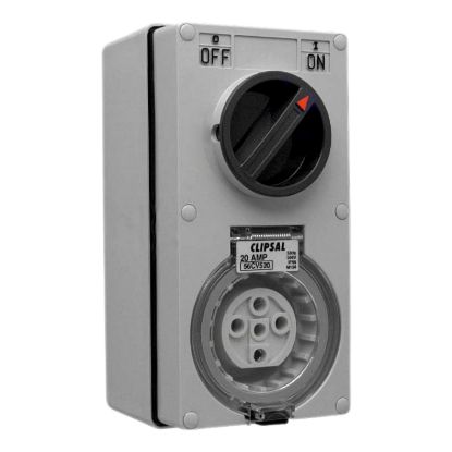 Picture of Switched Socket Outlet, Clipsal - 56 Series, 500V, 20A, 5 Round PIN, IP66, 3 Pole, Vertical