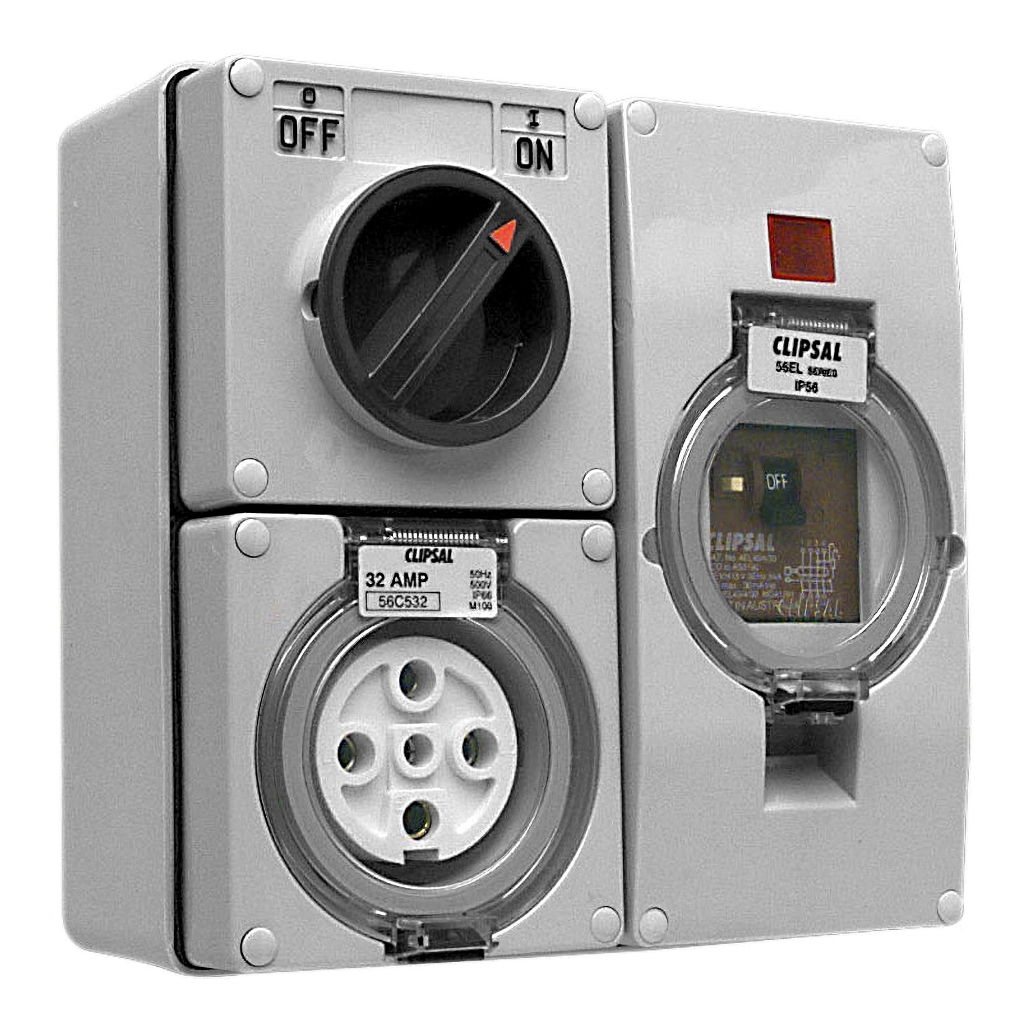 Picture of RCD Protected Switched Socket Outlet, Clipsal - 56 Series, 500V 32A 5 Round PIN, IP66 3 Pole, 30mA RCD