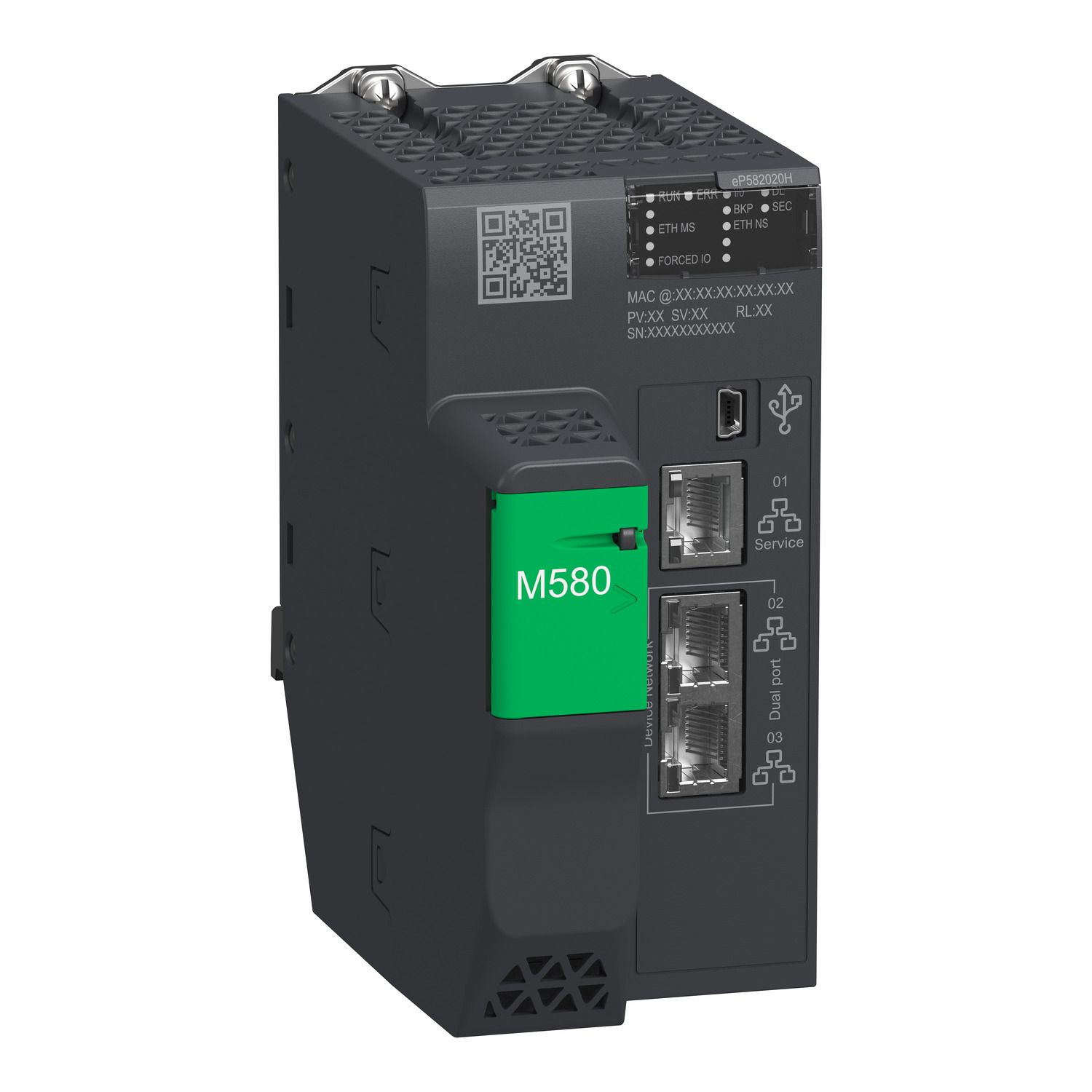 Picture of standalone processor, Modicon M580, 8MB, 125 Ethernet devices, 4 local IO racks of 2045 digital, 512 analog, severe environment